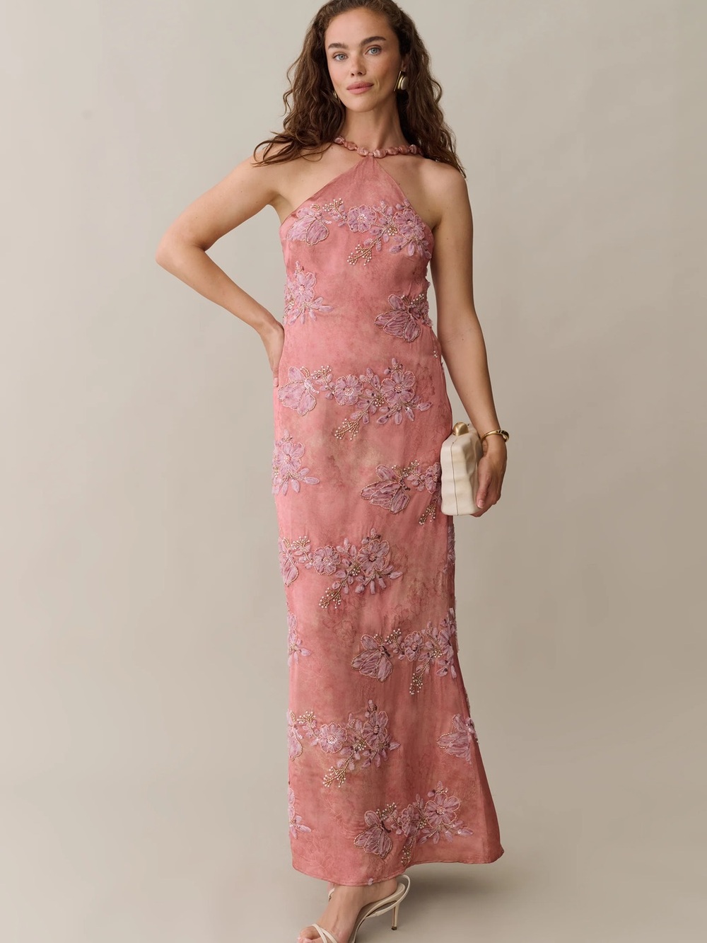 Embroidered Halter Neck Maxi Dress - Pink